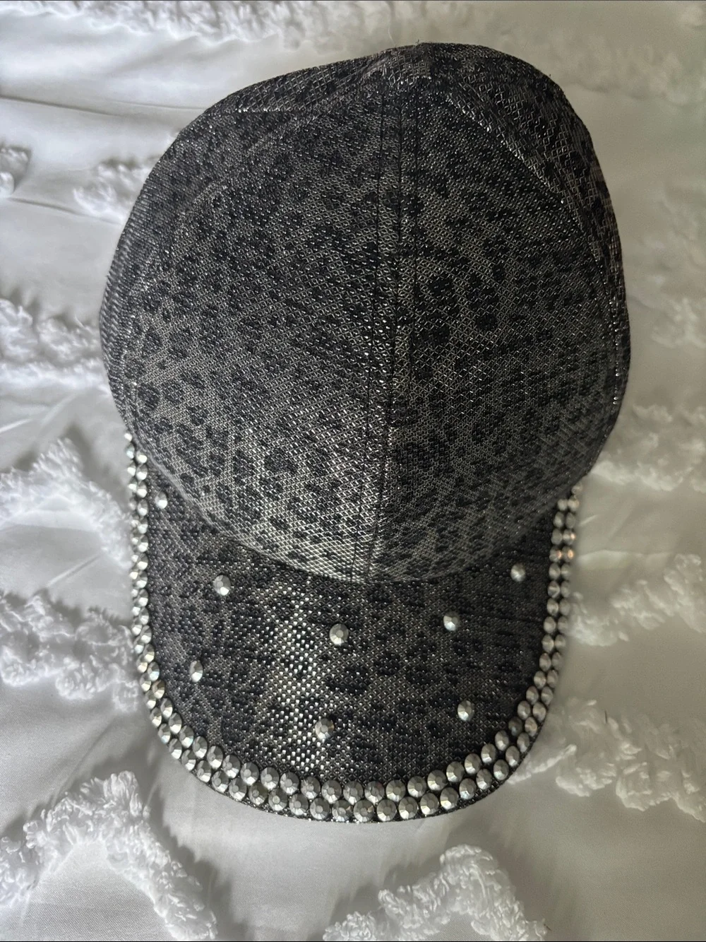 Rhinestone Trim Leopard Print Baseball Cap - Black